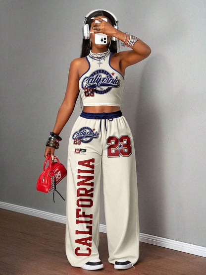 Printed Tank Top  Casual Wide-leg Pants Set