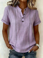Summer Striped Short-Sleeve Shirts Casual Stand-Collar V-neck Button Blouse Womens Clothing