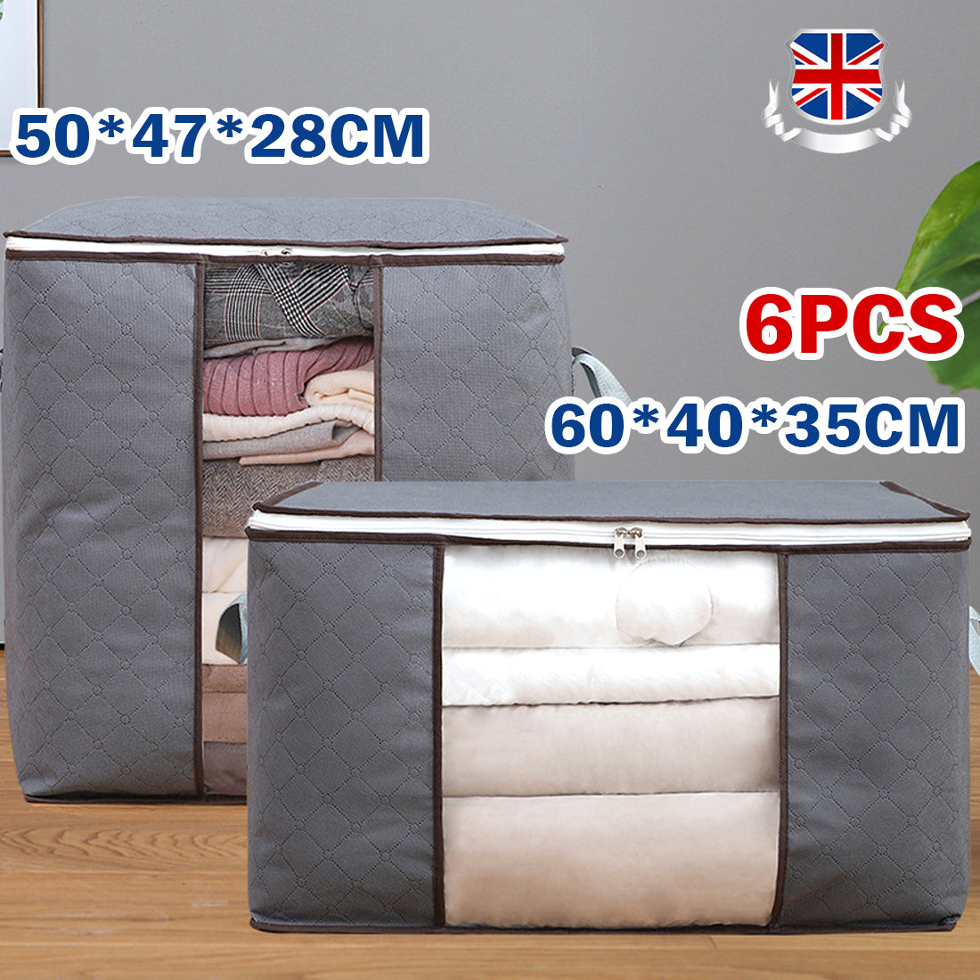 6 Pack 90L Storage Bags Zipped For Clothes, Bedding, Toys, Packing Moving Boxes UK