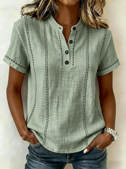 Summer Striped Short-Sleeve Shirts Casual Stand-Collar V-neck Button Blouse Womens Clothing