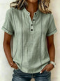 Summer Striped Short-Sleeve Shirts Casual Stand-Collar V-neck Button Blouse Womens Clothing