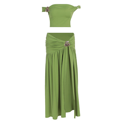 Women's Top And Slit Pleated Skirt Set