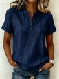 Summer Striped Short-Sleeve Shirts Casual Stand-Collar V-neck Button Blouse Womens Clothing