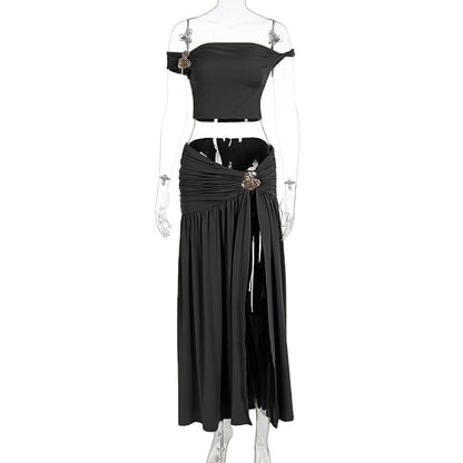 Women's Top And Slit Pleated Skirt Set