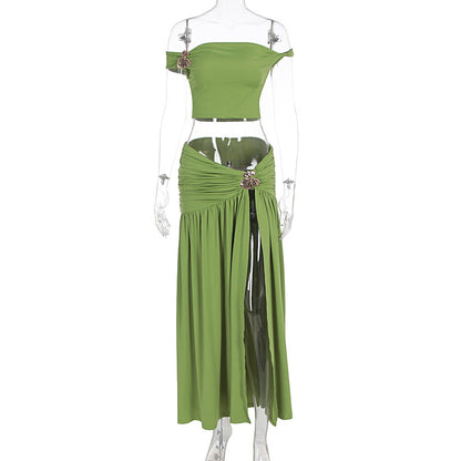 Women's Top And Slit Pleated Skirt Set