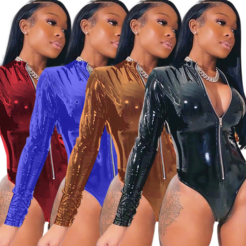 Nightclub Clothing High Elastic Tight-fitting PU One-piece Bodysuit